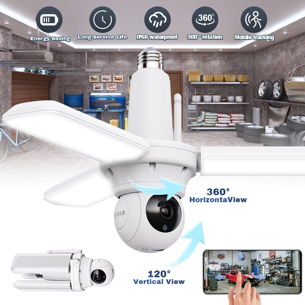 LED Garage Light Bulb with Camera,DFITO Security Camera with 3 Adjustable Panels Smart AI Human Detection Screw-in E26 Base Motion Sensor Two-Way Audio Color Night Vision