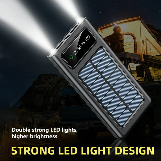 Solar Charger Power Bank 40000mAh Portable Charger 4 USB with Dual 5V2.1A Outputs Wireless Fast Charger Built-in Solar Panel and Flashlights