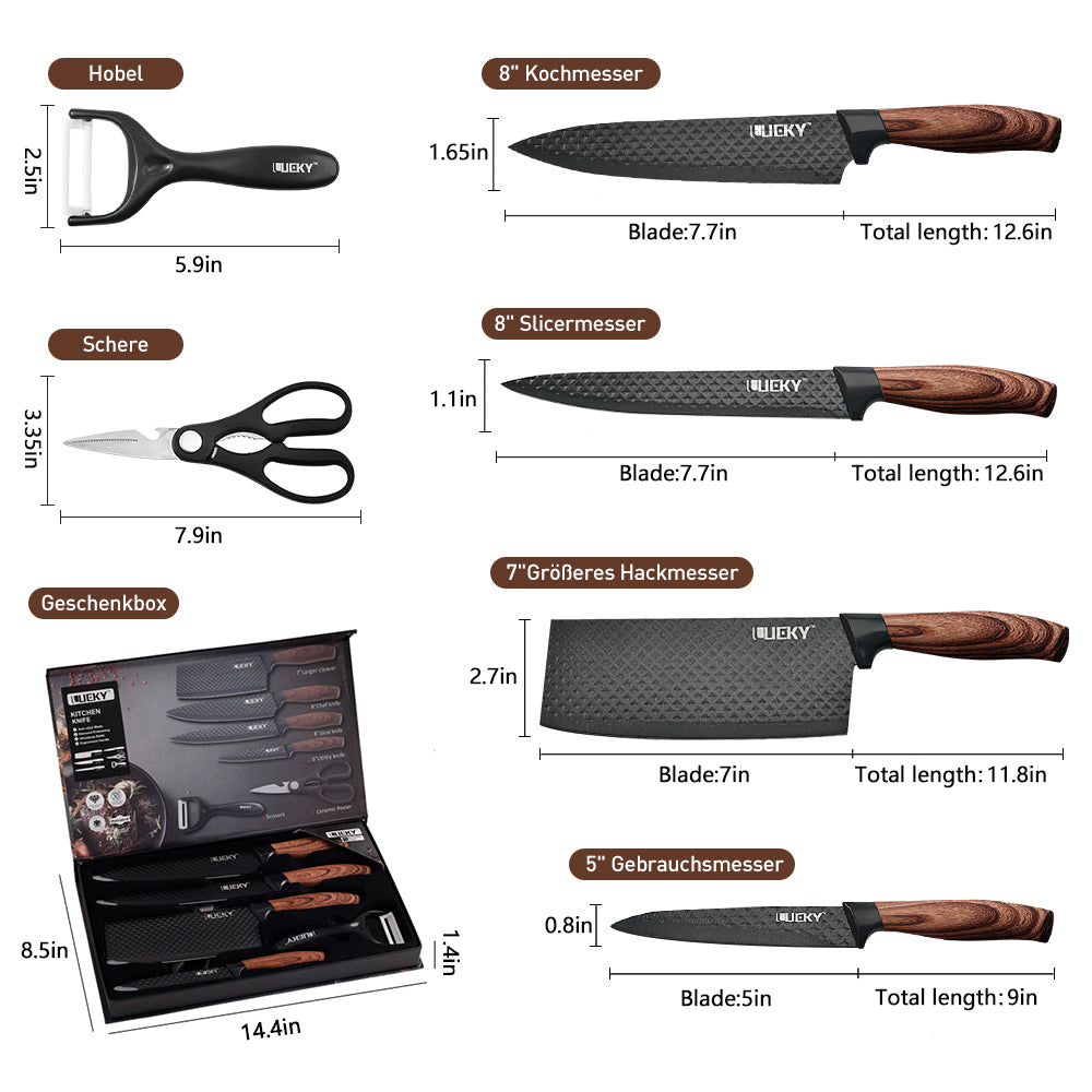 6-Piece Black Professional Kitchen Knife Set for Chef