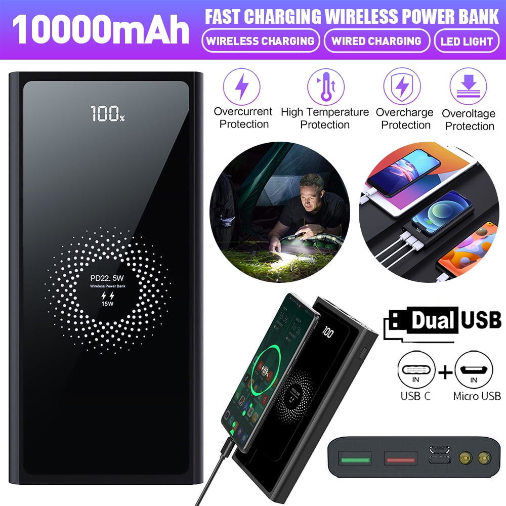 Wireless Power Bank 10000mAh,DFITO 15W Wireless Charging Battery Pack with LED Display Dual USB Output 5V 3A PD Qc 3.0 Portable Charger