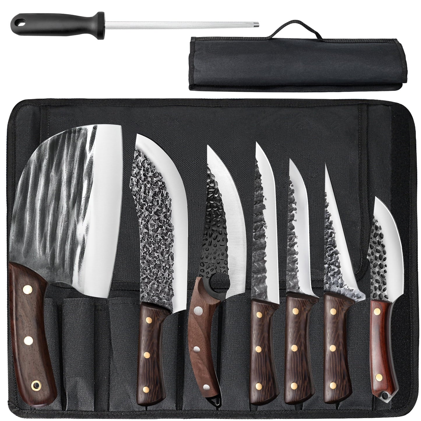 HAND FORGED DAMASCUS STEEL CHEF KNIFE SET KITCHEN KNIVES WITH LEATHER ROLL BAG