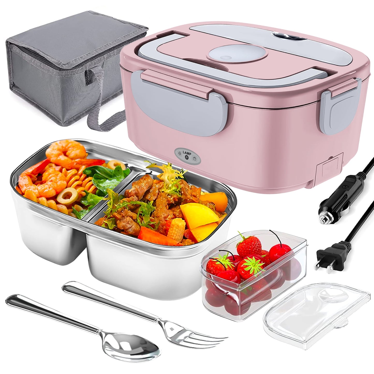 Electric Lunch Box -DFITO Fast 65W Food Heater 3-In-1 Portable Food Warmer Lunch Box W/Leak proof, 2 Compartments, Removable 304 Stainless Steel Container, Fork, Spoon and Carry Bag,Pink