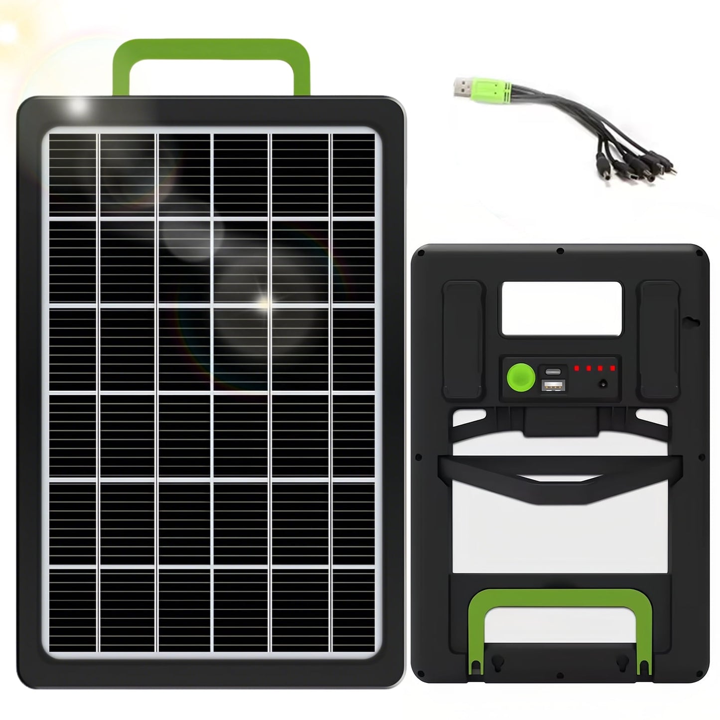 Portable 15W Monocrystalline Solar Panel ¨C 3A Fast Charging, Built-in LED Light, and 1-to-5 Cable for Outdoor, Emergency, and Motorcycle Use