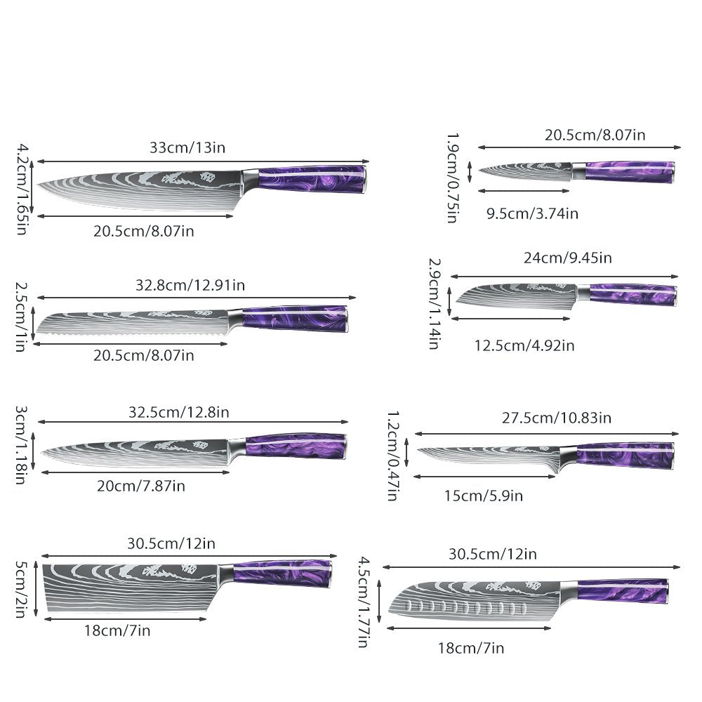 DFITO 8-Piece Kitchen Knife Set, Stainless Steel Professional Cutlery Knife with Sheaths, Storage Bag,Purple Handle