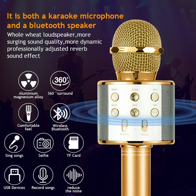 Karaoke Microphone for Kids, Wireless Bluetooth Karaoke Microphone for Singing, Portable Handheld Mic Speaker Machine, Gifts Toys for Girls Boys Adults All Age, Gold