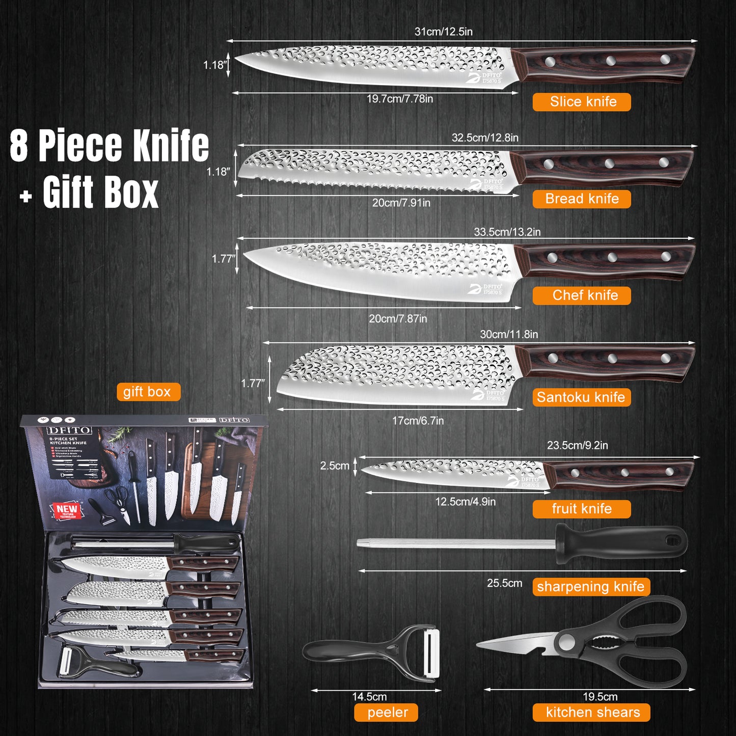 Chef Knife Set, 8Pcs Stainless Steel Kitchen Knife Set