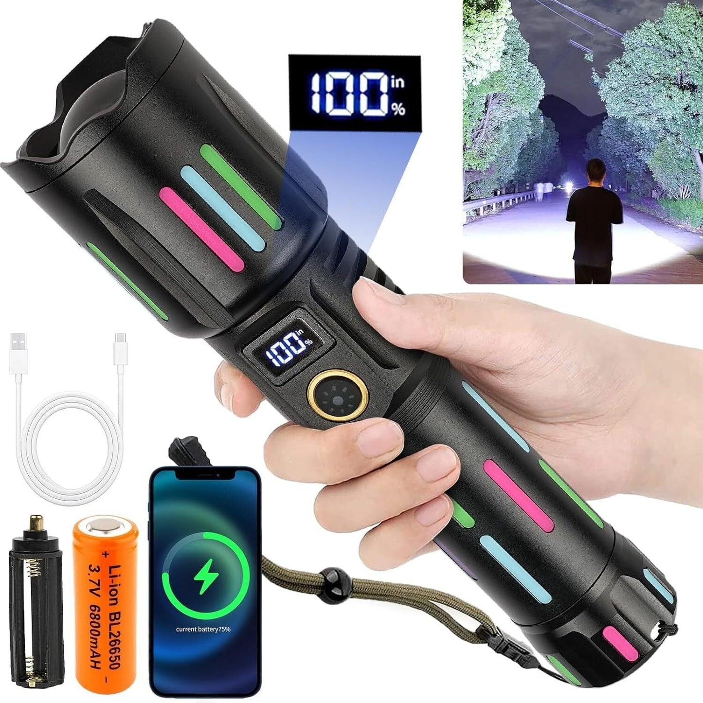 Flashlights High Lumens LED Rechargeable,DFITO 80,000 Lumen Brightest Flash Light with LED Digital Display, Waterproof Handheld LED Flashlight for Camping Hiking