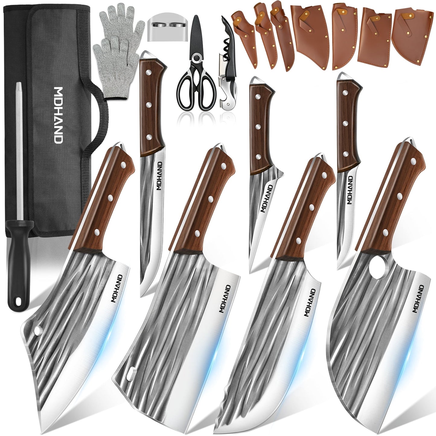 DFITO 14PCS Professional Butcher Knife Set with Roll Bag, Heavy Duty Meat Cleaver, Boning Knife, Hand Forged Chef Knife Set, Meat Cutting Knife for Kitchen, Gift for Men, BBQ, Camping(Stripe)