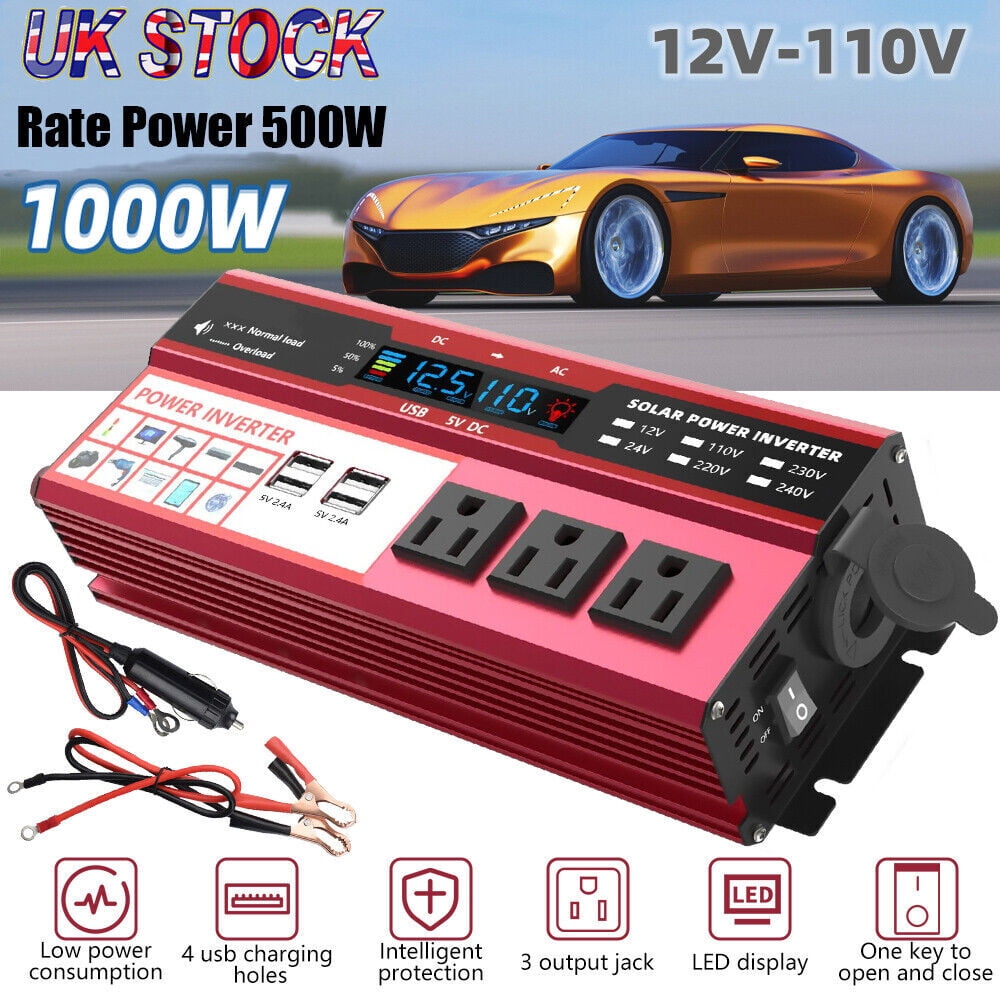 1000W Car Power Inverter 500W DC 12V to AC 110V Pure Sine Wave Solar Converter