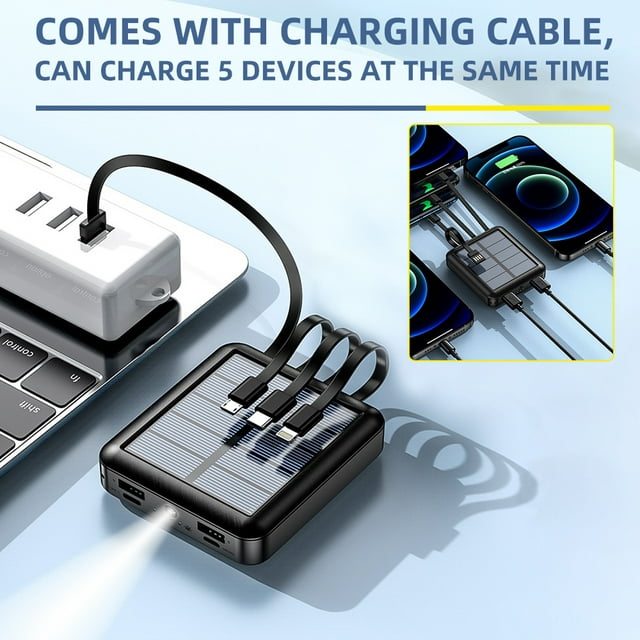 DFITO Mini Power Bank 20000mAh, Portable USB Charger, Solar Power Bank with Charging Cable, Compatible with All Kinds of Cellphones