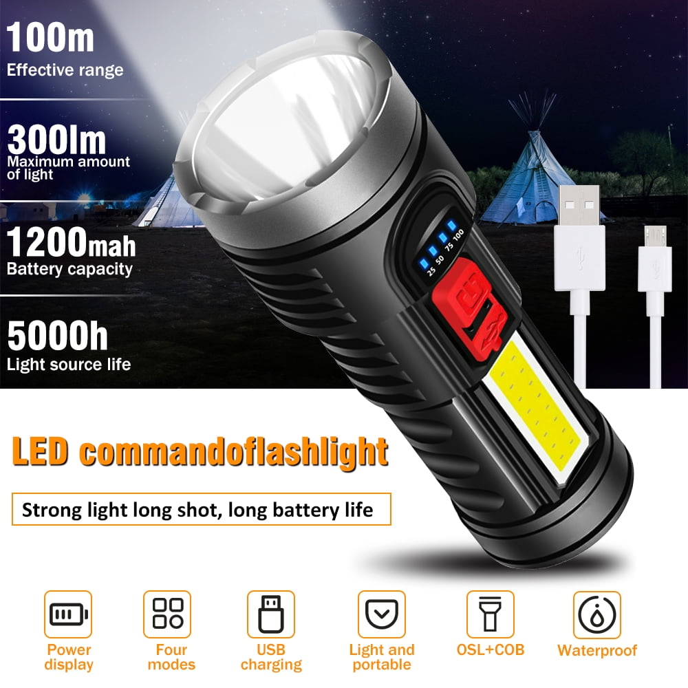 Flashlight,DFITO USB Charge Tactical Torch, IPX6 Waterproof Torch, Super Bright LED, Power Display, Light and Portable LED Torch Suitable for Hiking/Camping/Emergency, Black