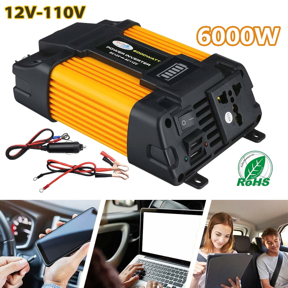 Inverter, DFITO 6000W Peak Car Power Inverter Dc 12V to 110V Ac Converter, with 1 Ac Outlet and 2 USB Car Charger, Camera/ Laptop Car Accessories, for Camping/ Road Trips/ Outdoor Work