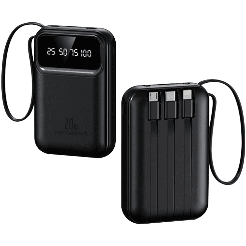 DFITO Portable Charger 10000mAh Power Bank, Portable Battery with 4 Built-in Cables, 20W Fast Charging Battery Pack, Black