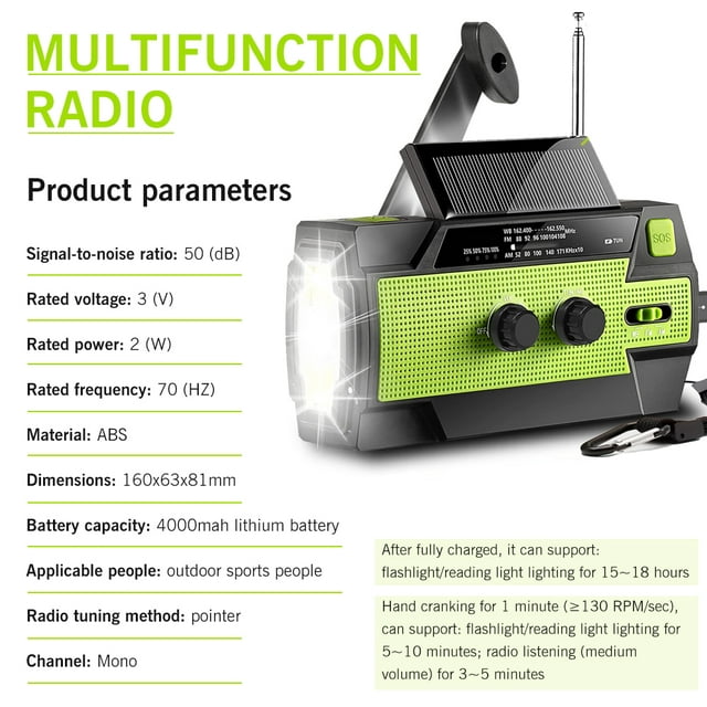 Emergency Radio with Cell Phone Charge, DFITO 4000mah-Solar Hand Crank, Portable Am/Fm/Noaa Weather Radio, with Flashlight and Reading Light , Equipment for Hurricane/ Wildfire