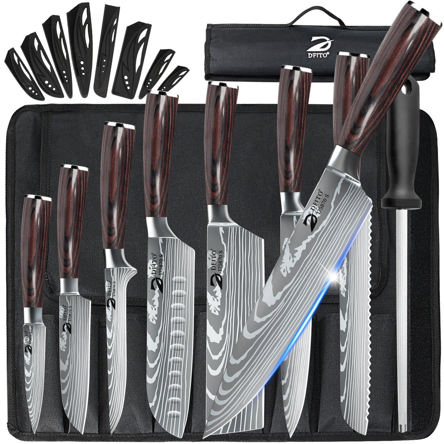 Kitchen Knife Set Damascus Pattern Chef Knives Stainless Steel Cleaver with Bag
