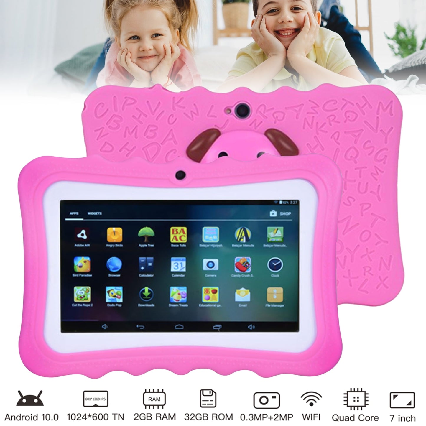 Android Kids Tablet,DFITO 1GB RAM 16GB ROM Kids Tablets, 7 inch Tablet with Case, Dual Camera, Educational Games, WiFi (Pink)
