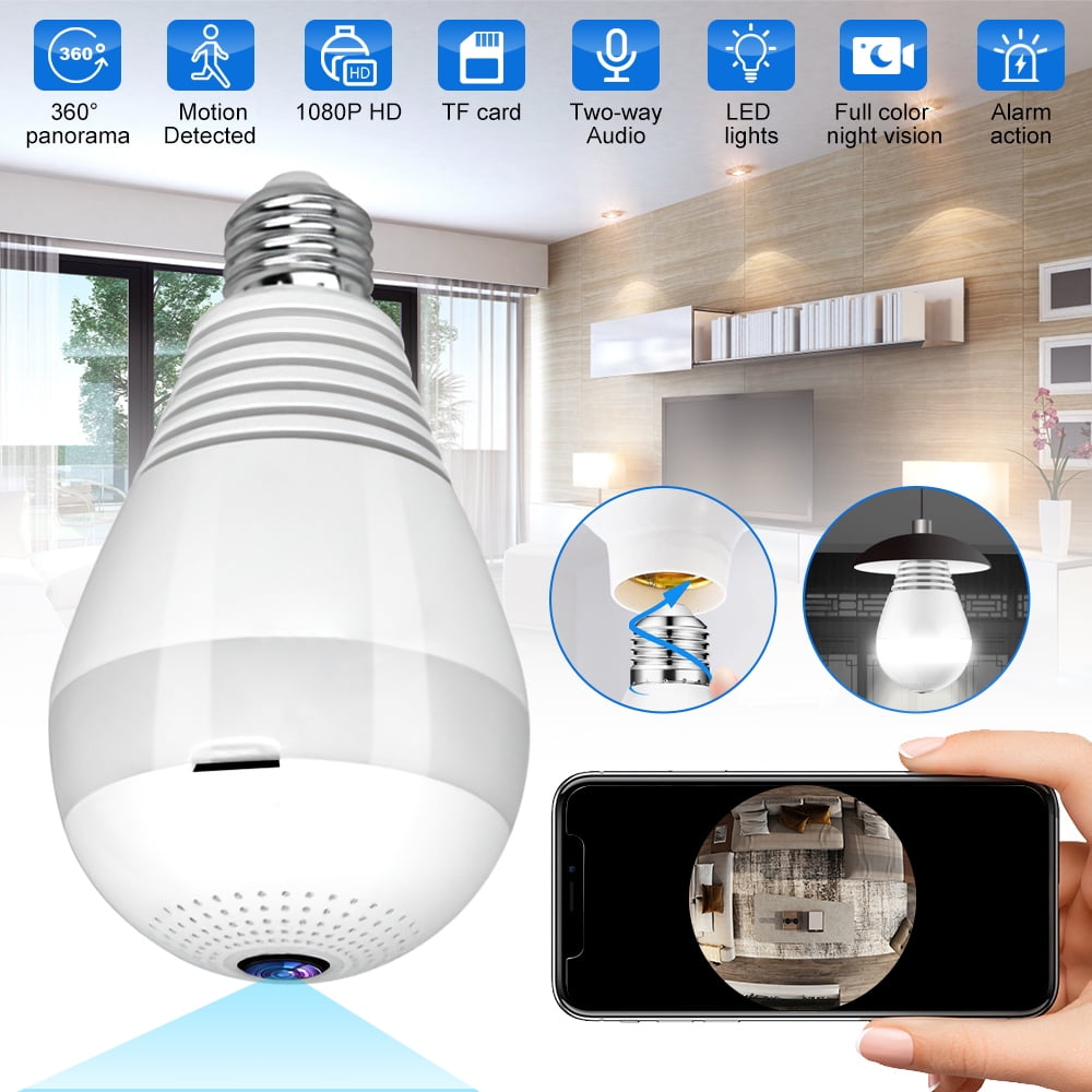 DFITO Home Security Camera Wireless WIFI Outdoor Surveillance Camera with Light Bulb 1080 HD Motion Detection 360 Degree Wide Angle