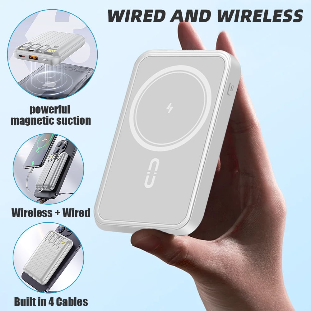 DFITO Magnetic Wireless Power Bank, Portable 10000mAh Charger with Built-in 4 Cables, Slim Fast Charging Power Bank for Cell Phones, White