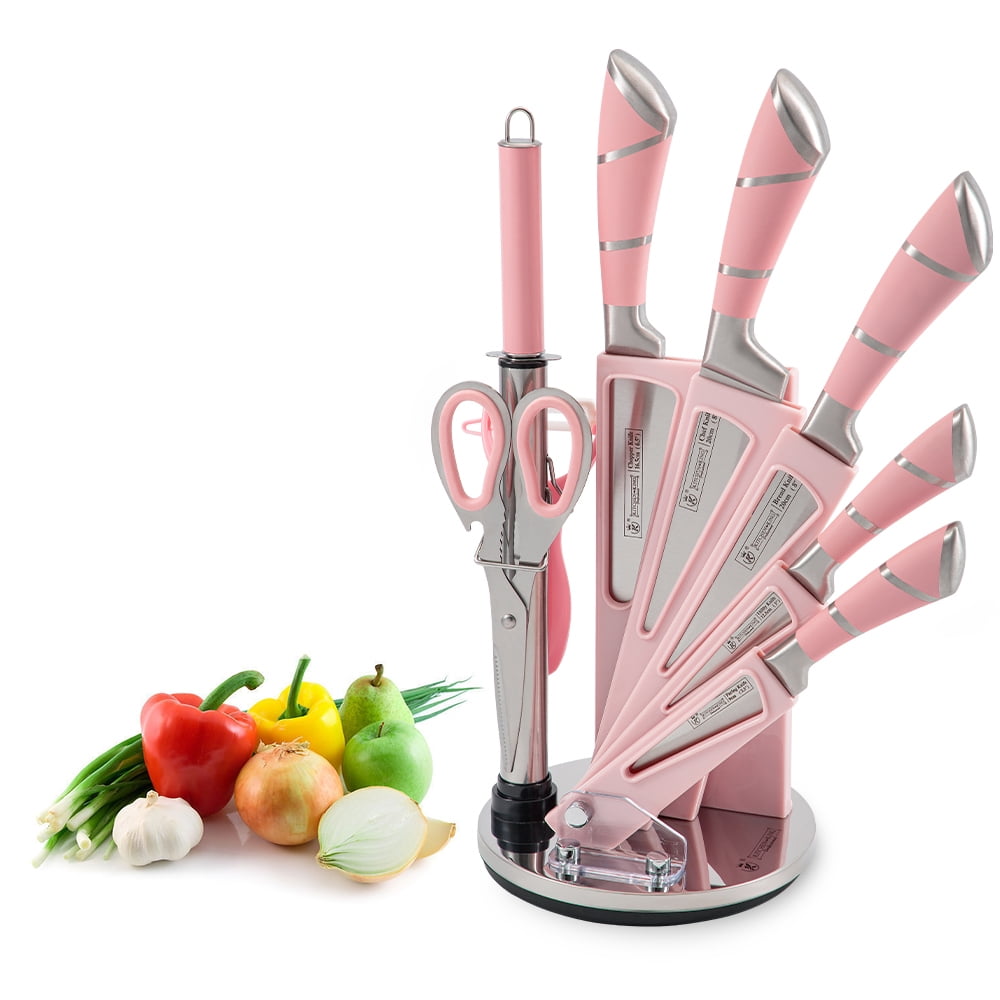 Kitchen Knife Set,DFITO 8-Pieces Sharp Non-Stick Coated Chef Knives Block Set,Stainless Steel Knife Set for Kitchen with Sharpener for Cutting Slicing Dicing Chopping (Pink)