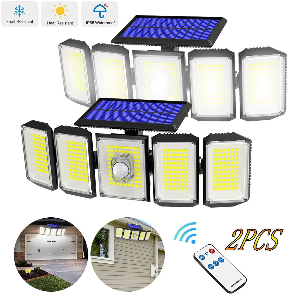 DFITO Solar Lights Outdoor Waterproof Motion Sensor - 300 LEDs 6000 Lumens Super Bright 3 Brightness 3 Modes 2400mAh 360¡ã Illumination 32ft Solar Flood Security Light for Outside - 2Pack