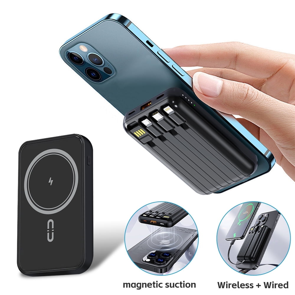 Magnetische kabellose Powerbank, DFITO Tragbares 10000 mAh Ladegerät mit 4 integrierten Kabeln, schlanke Powerbank für Handys mit Schnellladefunktion (Schwarz)