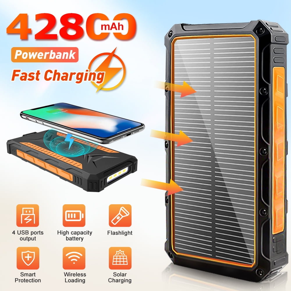 Solar Charger Power Bank 42800mAh Portable Charger,DFITO QC 3.0 Fast Charger 15W Three Outputs Built-in Dual Led Flashlights Compatible with All Mobile Devices for Outdoor Camping Travel (Orange)