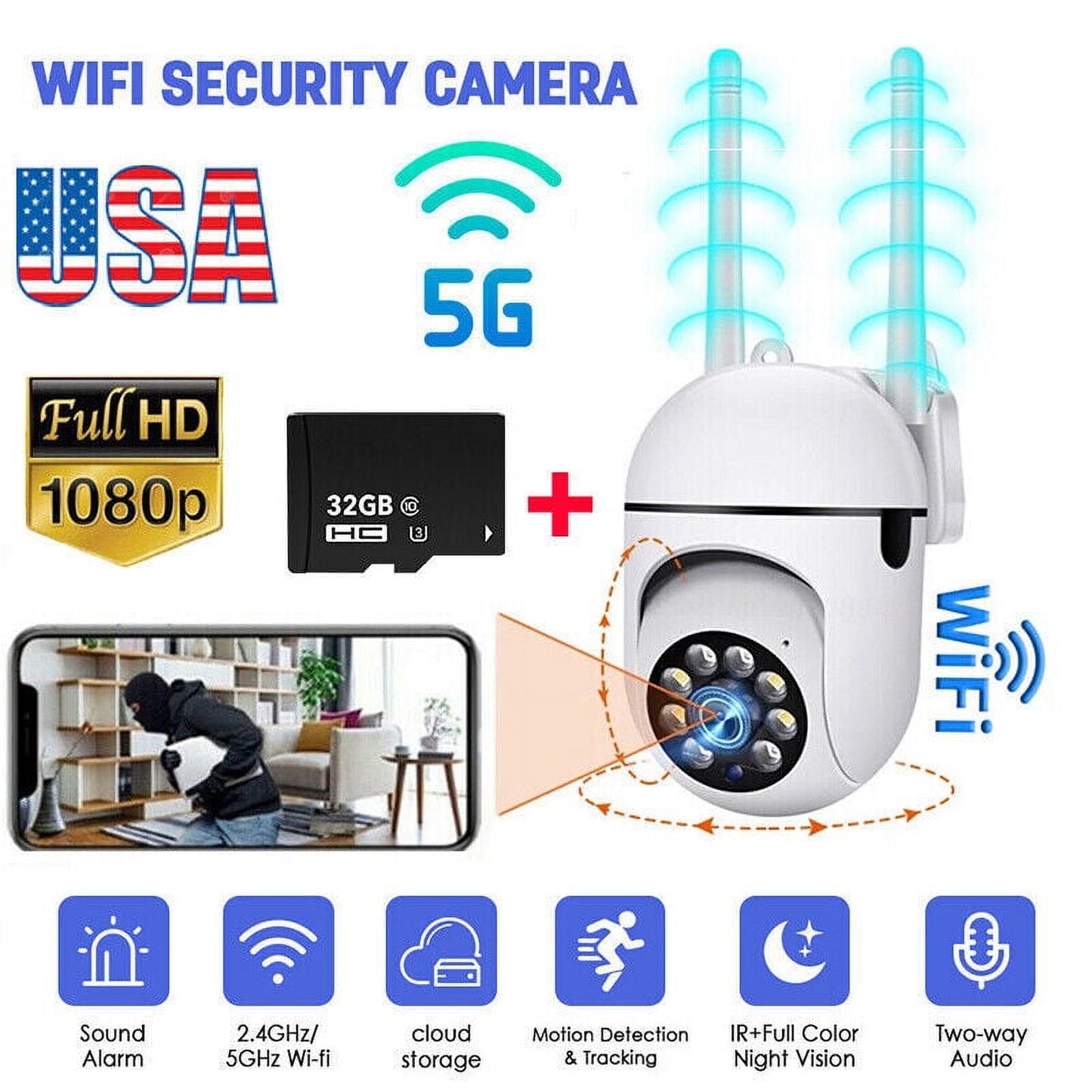 Security Camera,DFITO 5G Wifi Wireless Security Camera System Outdoor Home Night Vision Cam 1080P HD,White(with 32GB Card)