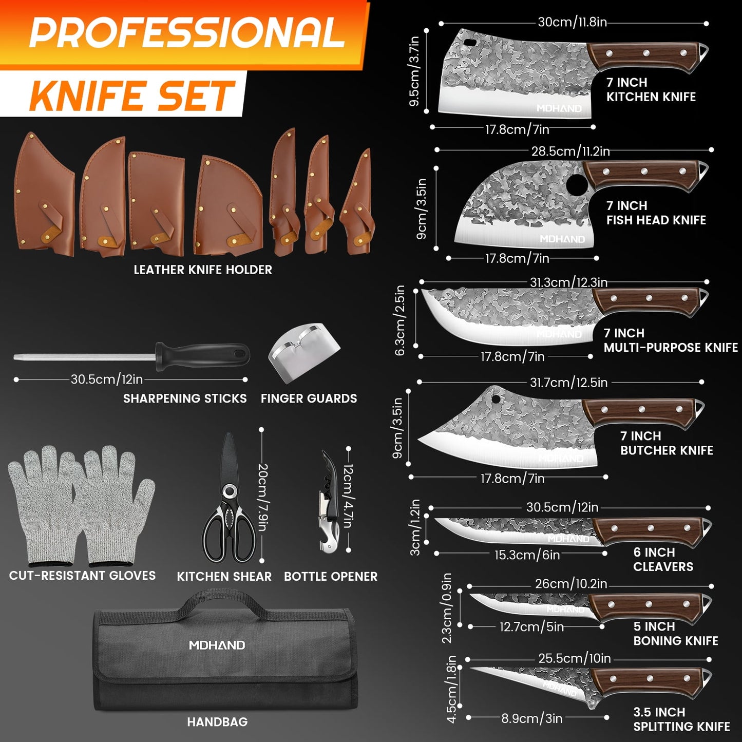 Butcher Knife Set,DFITO 14 PCS Chef Knife Set with Bag, Hand Forged Kitchen Knife Set Meat Cleaver Boning Knife Viking Knife for Kitchen Camping Outdoor BBQ