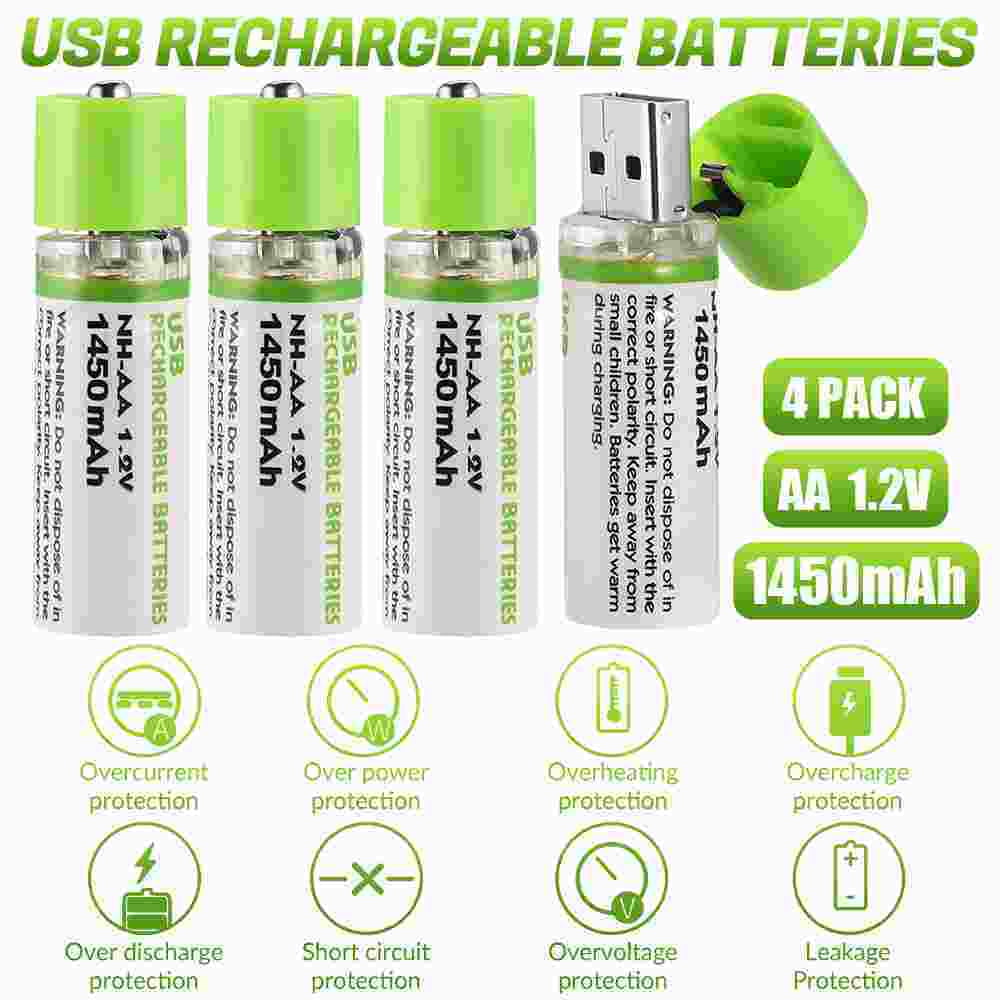 DFITO 4 Pack Rechargeable AAA Lithium ion li-ion Batteries 1.5V 750 mWh USB C cable Type-C Cable
