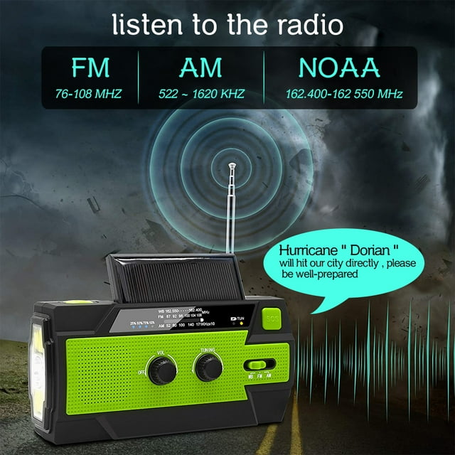Emergency Radio with Cell Phone Charge, DFITO 4000mah-Solar Hand Crank, Portable Am/Fm/Noaa Weather Radio, with Flashlight and Reading Light , Equipment for Hurricane/ Wildfire