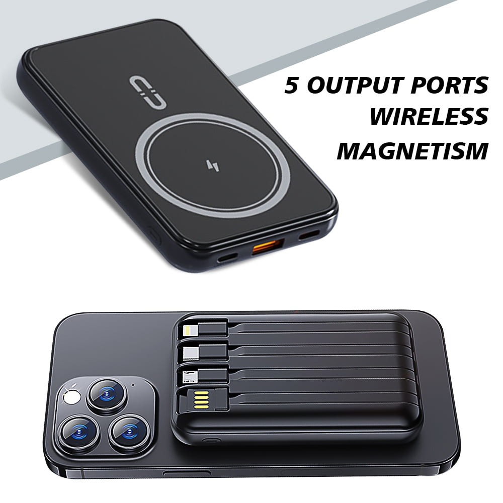 DFITO Magnetic Wireless Power Bank, 10000mAh Portable Charger with Built-in 4 Cables, Slim Fast Charging Power Bank for Cell Phones, Black