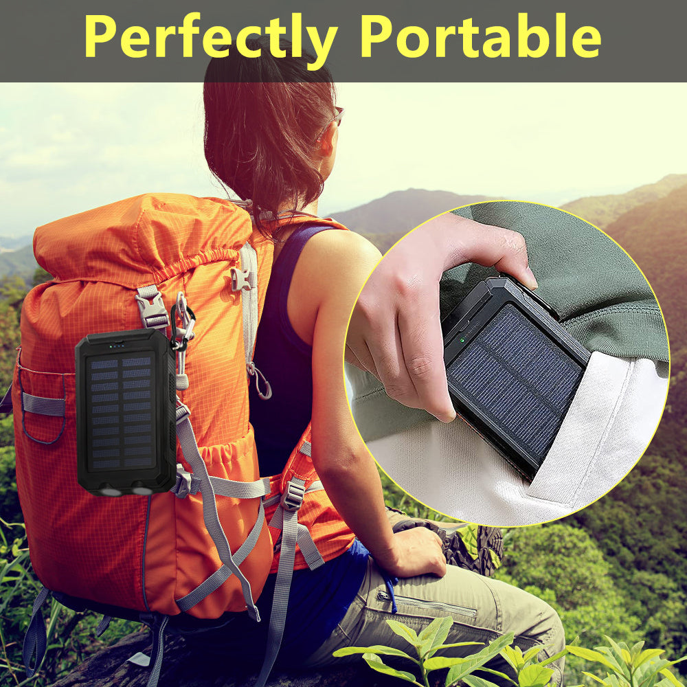 Solar Power Bank,DFITO Portable Charger 20000mAh External Battery Pack Type C Input Port Dual Flashlight, Compass, Solar Panel Charging (Black)