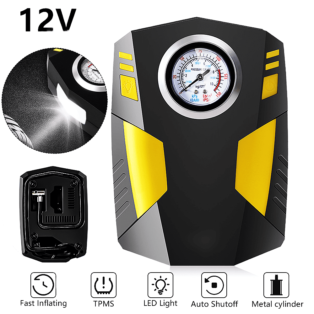 Tire Inflator Air Compressor, DFITO 12V 120W Portable Car Air Pump with Dial Pressure Gauge, 150 PSI, Bright LED Light