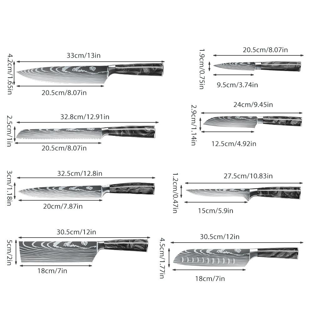 DFITO 8-Piece Kitchen Knife Set, Stainless Steel Professional Cutlery Knife with Sheaths, Storage Bag,Black Handle