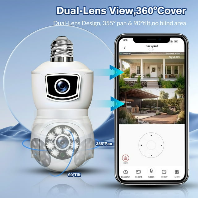 Security Camera with Dual Lens,DFITO 360° 2K Security Cameras Wireless WiFi Light Socket Bulb Security Camera with Color Night Vision