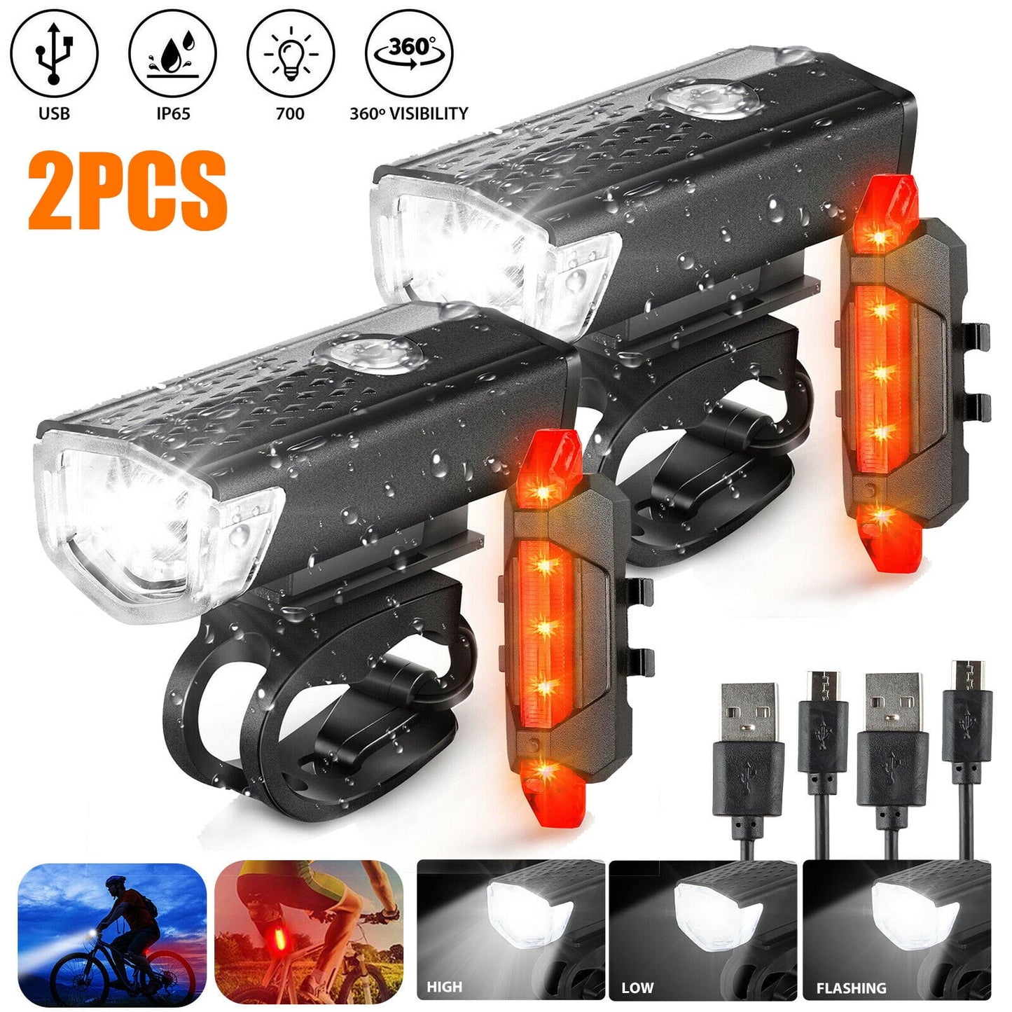 DFITO 2 Sets USB Rechargeable Bike Light Set, LED Bicycle Headlight Bike Front Rear Lamp Tail Light Ultra Bright Headlight IP65 Waterproof Bicycle Safety Flashlight for Riding Cycling Camping