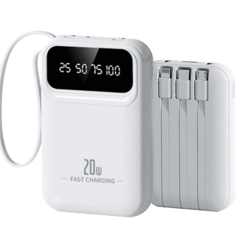 Portable Charger 10000mAh Power Bank - DFITO 20W Fast Charging Battery Pack with 4 Built-in Cables, White