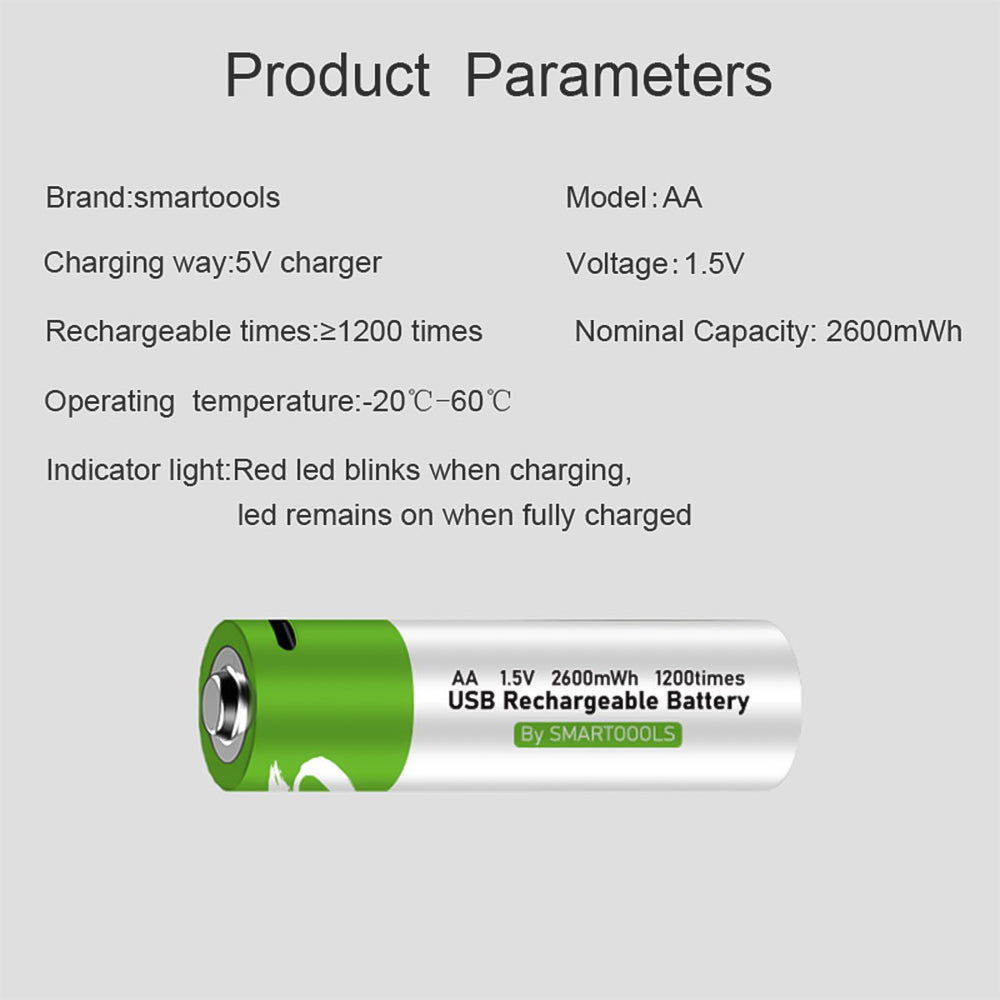 1.5V AA Lithium Rechargeable Batteries,DFITO High Capacity 2600mWh Double A Lithium ion Rechargeable Battery, 1200 Cycles with USB Charging Cable (4 Pack)