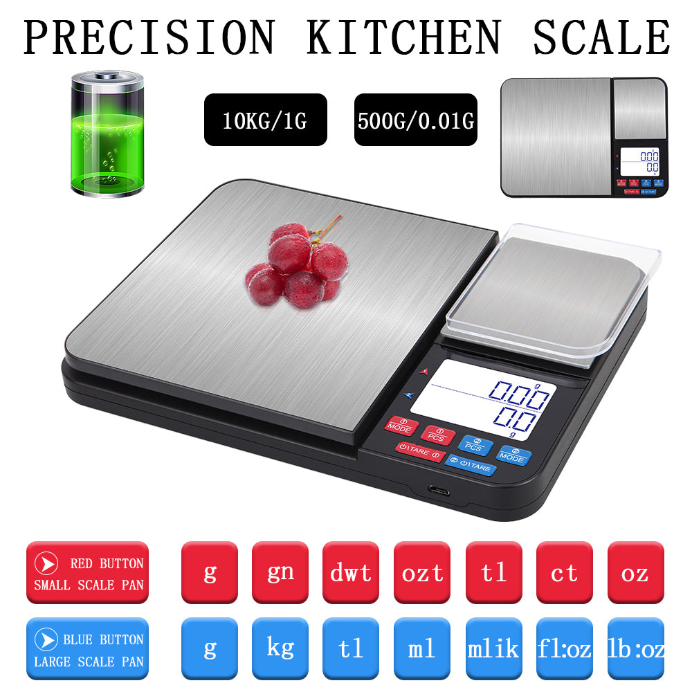DFITO Dual Platform Digital Kitchen Scale Food Scale Stainless Steel Digital Kitchen Scale with 2 Capacity 0.01g-5kg and 1g-10kg, LCD with Backlit 7 Units Conversions Tare Function Kitchen Scale