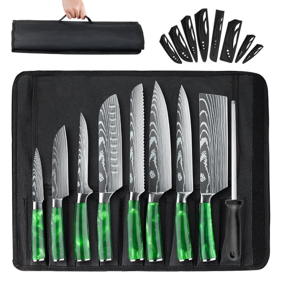 DFITO 8-Piece Stainless Steel Kitchen Knife Set, Chef Knives and Cooking Knives, Green