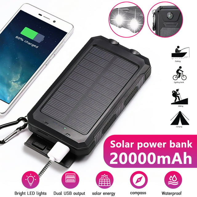 Solar Power Bank,DFITO Portable Charger 20000mAh External Battery Pack Type C Input Port Dual Flashlight, Compass, Solar Panel Charging (Black)