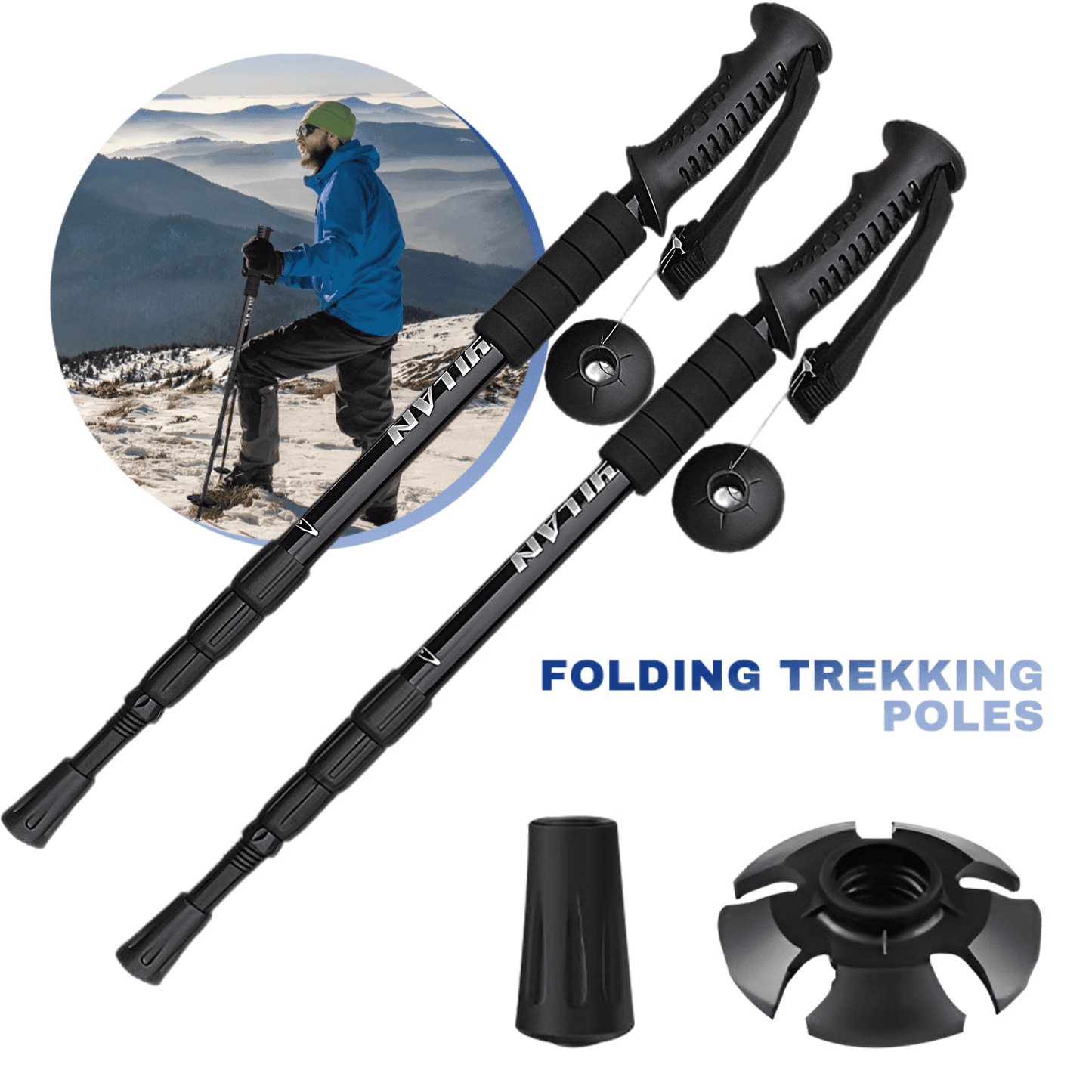 DFITO 2Pack Walking Sticks Trekking Poles Hiking Gear with Damping Spring for Men Women,Black