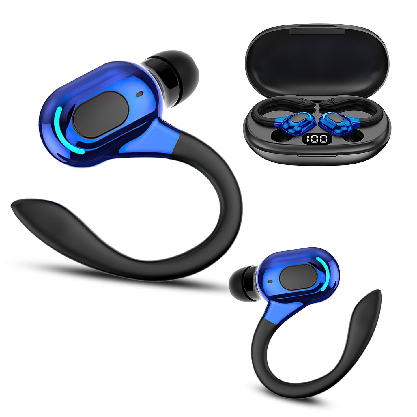 Wireless Earbuds Bluetooth Headphones,DFITO 90Hrs Playtime Open Ear Headphones with 750mAh Wireless Charging Case, LED Diaplay, Waterproof, for Sports Running Workout Gaming,Blue