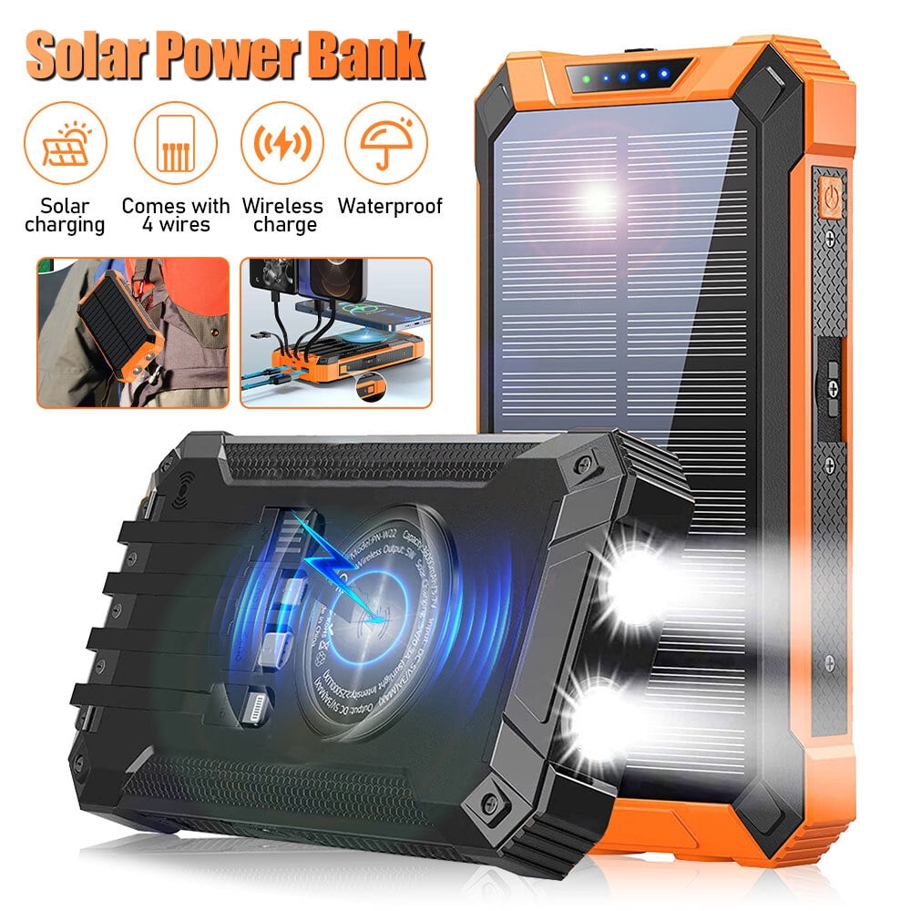 20000mAh Solar Power Bank Battery Pack Qi Wireless,DFITO Portable Solar Power Bank with 4 Cables,3 USB Ports, 2 Led Light,for Outdoor Camping Hiking (Orange)