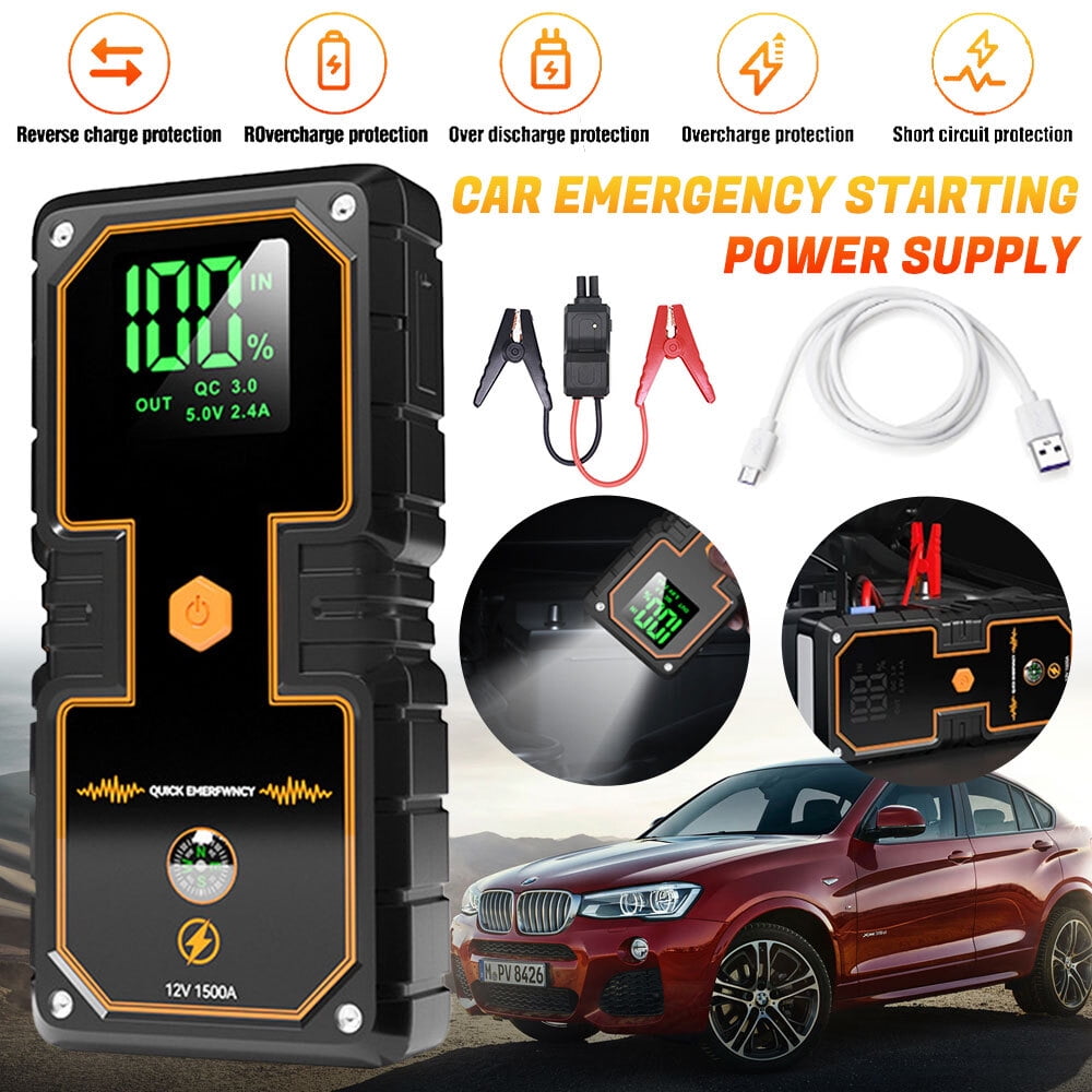 Upgraded Car Battery Jump Starter,DFITO 1500A Peak Portable Jump Starter with Dual USB Quick Charge and DC Output,12V Pack and Jumper Cables for 6.0L Gasoline and 3.0L Diesel Engines