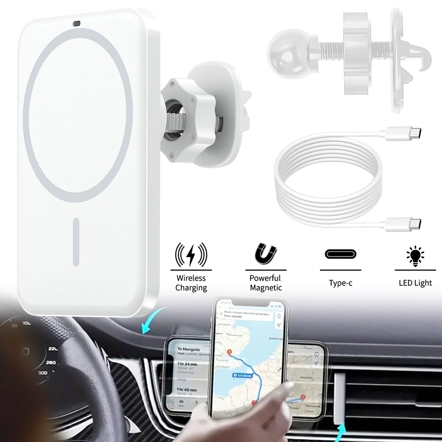 Car Phone Holder,Magnetic Wireless Car Charger -DFITO Air Vent Mount with Included Power Supply for iPhone 14, iPhone 13 & iPhone 12 - Car Magnetic Phone Mount Charger,White