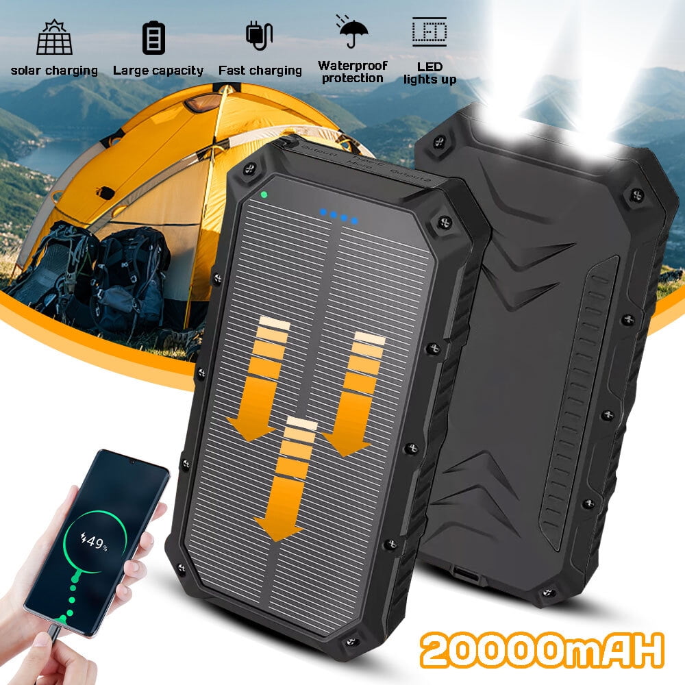 DFITO Solar Charger Power Bank, 20000mAh Portable Charger with Fast Charging, Dual USB Ports, Built-in LED Flashlight for All Cell Phones and Electronic Devices, Black
