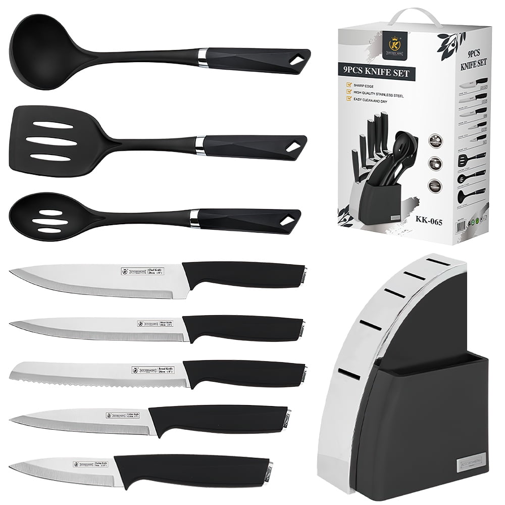 Kitchen Knife Set,DFITO 8-Pieces Sharp Stainless Steel Chef Knife Set with Block for Kitchen, Knife Block Set with Silicone Cooking Utensils, Slotted Spoon, Deep Soup Ladle, Slotted Turner