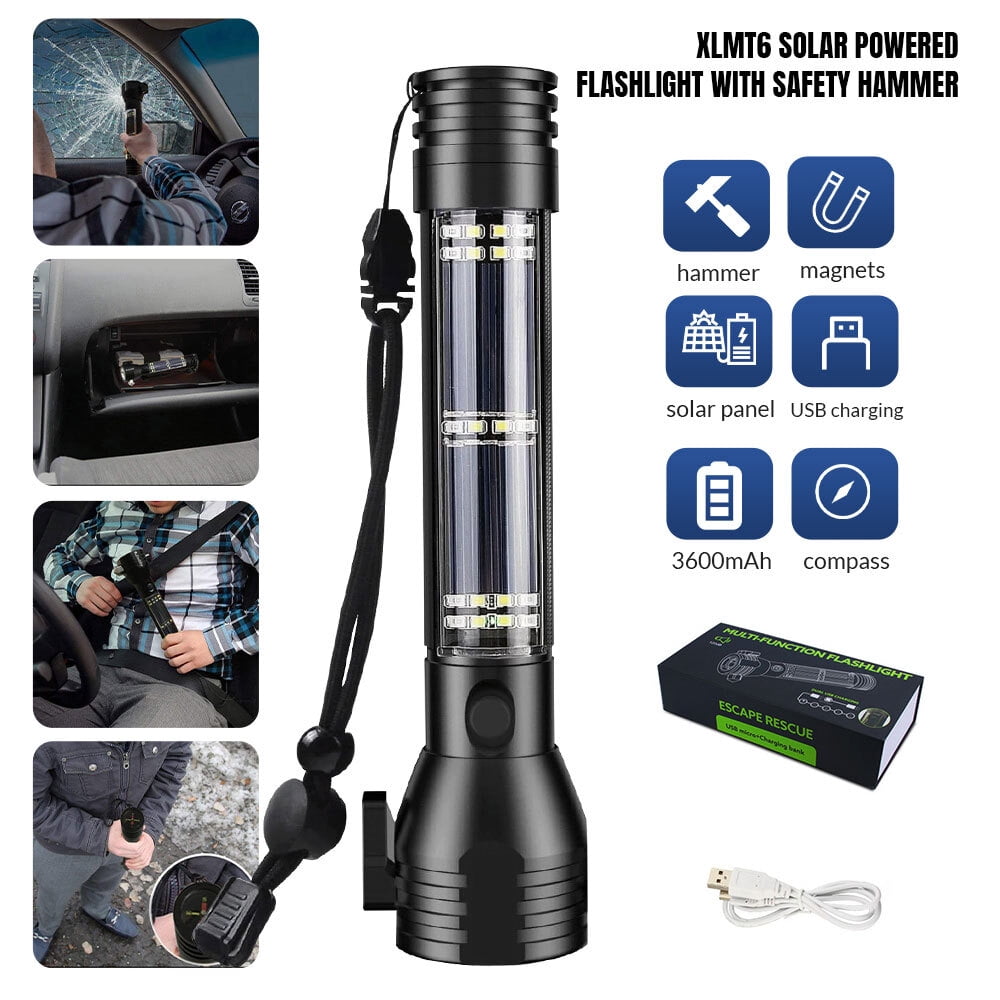 DFITO Solar/Rechargeable Multi Function 1000 Lumens LED Flashlight, with Emergency Strobe Light and 3600 Mah Battery, Emergency Power Supply and USB Charging Cable, Fast Charging
