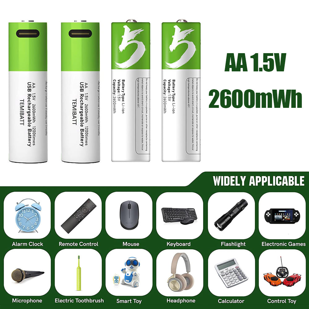 1.5V AA Lithium Rechargeable Batteries,DFITO High Capacity 2600mWh Double A Lithium ion Rechargeable Battery, 1200 Cycles with USB Charging Cable (4 Pack)